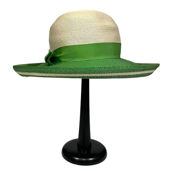 Adele Claire Vintage Hat Women’s Wide Brim Woven Derby Green Ivory Bow Fancy - Picture 5 of 8